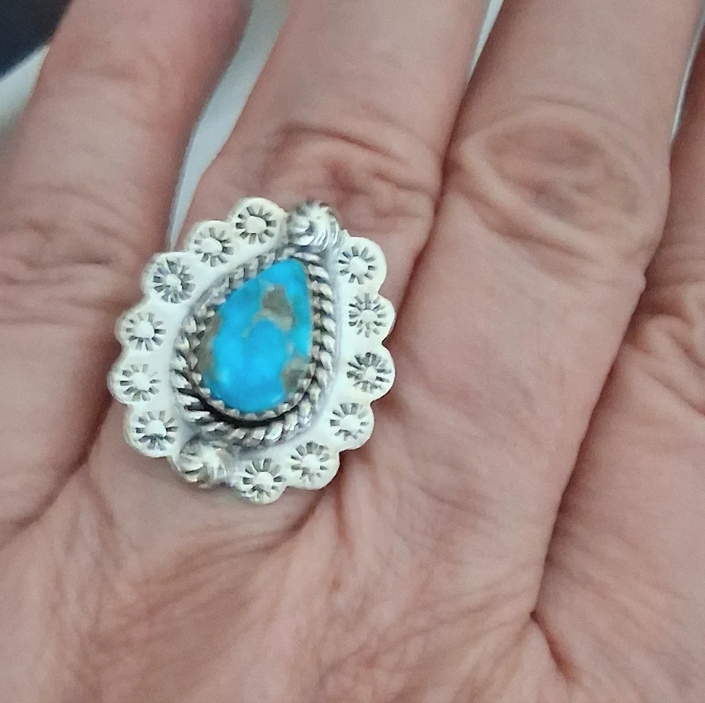 KINGMAN TURQUOISE TEARDROP RING 925 STERLING SILVER ADJUSTABLE SIZE 7-9